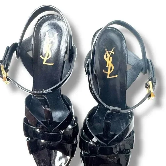 Saint Laurent Tribute Black Patent Leather Platform High Heel Sandals Size 37.5 - Picture 11 of 13